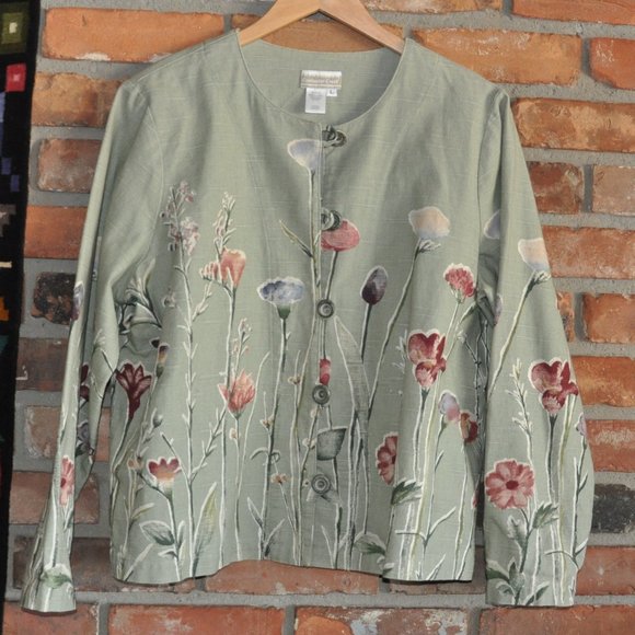 Coldwater Creek Sage Green Botanical Floral Print Button Up Jacket Coat L - Picture 6 of 8